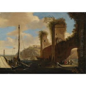 Harbor Scene With Ships, Ruins And Figures By An Archway