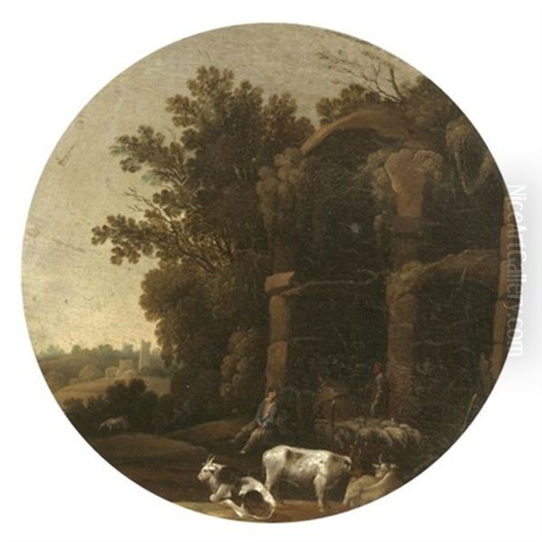 An Italianate Landscape With Drovers And Their Animals Resting Before Classical Ruins - view 1