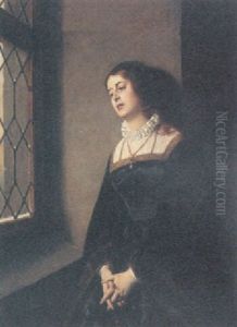 Portrait Of A Lady Wearing Black Robes And Standing Before A Window Portrait Of A Lady Wearing Black Robes And Standing Before A Window