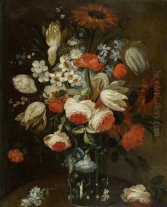 Blumenstillleben Mit Tulpen Und Pfingstrosen In Einer Glasvase