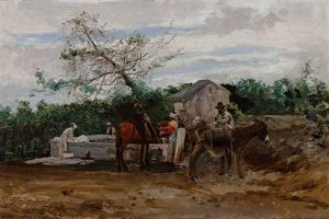 Brasilianische Landschaft; Zwei Reiter Mit Maultier Und Pferd An Einem Brunnen Mit Wascherinnen by Domenico De Angelis