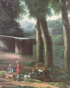 A Hunting Party In Wooded Italianate Landscape by Angeluccio