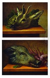 Still Life With Boar Head, Still Life With Deer Head (2 Works) by Johann Adalbert Angermayer
