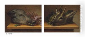 Head Of A Boar With A Bundle Of Parsnips On A Ledge And Head Of A Deer With Cabbage On A Ledge (pair) by Johann Adalbert Angermayer