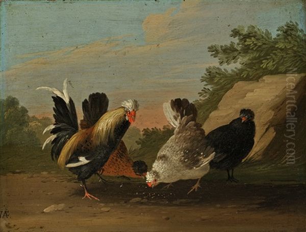 A Pair Of Paintings Depicting A Rooster And Hen - view 1