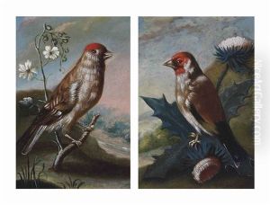 A Finch In A Landscape (+ A Finch On A Thistle In A Landscape; Pair) by Johann Adalbert Angermayer