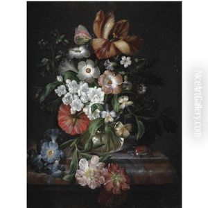 A Still Life With Carnations, An Iris, Morning Glory And Other Flowers In A Glass Vase On A Ledge With A Beetle by Johann Adalbert Angermayer