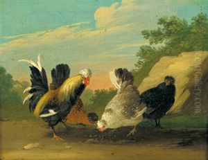 Huhner In Einer Landschaft (+ Huhner Vor Einem Plankenzaun; Pair) by Johann Adalbert Angermayer