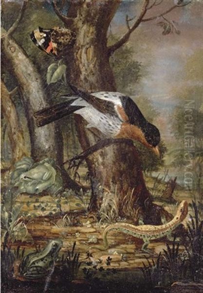 A Forest-floor Still Life With A Thrush On A Branch, A Lizard, A Butterfly And Two Frogs - view 1