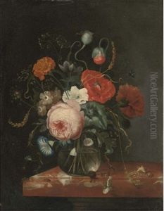 A Rose, A Peony, A Carnation, Convolvulus And Other Flowers In A Glass Vase On A Marble Ledge, With Seashells And Insects