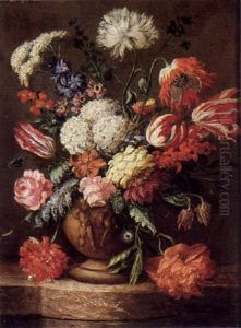 Blumenstraus Von Tulpen, Schneeballen, Rose, Pfingstrose Und Anderen Bluten, In Einer Figural Verzierten Tonvase