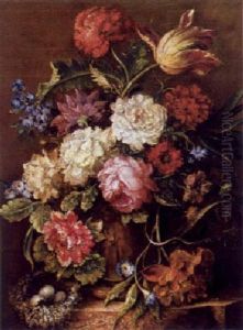 Blumenstraus Mit Nelken, Wicken, Pfingstrose Und Anderen Bluten In Einer Figural Verzierten Tonvase Sowie Einem Vogelnest