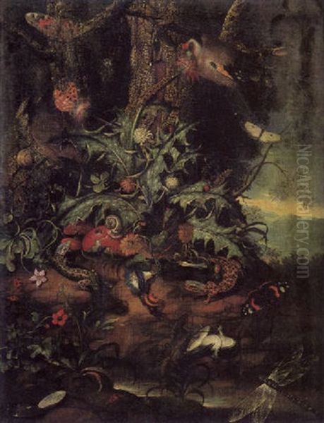 Waldlandschaft Mit Reptilien, Insekten, Vogeln, Schmetterlingen Und Anderem Getier - view 1
