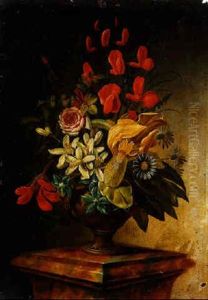 A Yellow Iris, Daisies, A Nasturtium, Lilies, Roses And Sweet Peas In A Terracotta Vase On A Marble Plinth by Johann Adalbert Angermayer