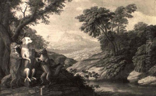 Foxes Bandaging A Hound On A Rock By A Tree In A Landscape - view 1