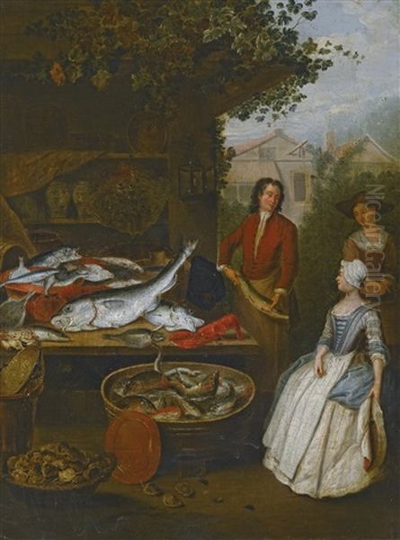 A Fishmonger Showing A Pike To A Housewife By A Stall Laden With Fish - view 1