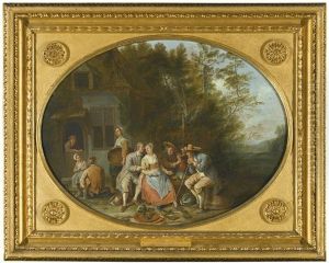 Scene Outside An Inn With A Woman Cutting Vegetables Being Accosted By A Man Scene Outside An Inn With A Woman Cutting Vegetables Being Accosted By A Man