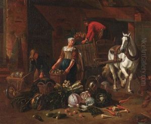 Gemusehandler Mit Pferdekarren Und Schubkarre