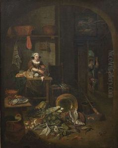 Vorratskammer Mit Kuchenmagd, Die Ihre Einkaufe Auf Einem Tisch Ausbreitet by Pieter Angillis