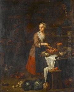 A Kitchen Interior With A Young Woman Standing At A Table Laden With Fruit And Dead Birds