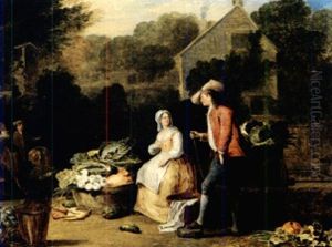 La Marchande De Legumes (+ Scene Galante; Pair) by Pieter Angillis