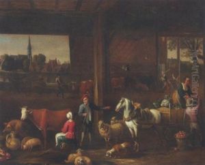 Bauern Und Tiere In Der Scheune by Pieter Angillis