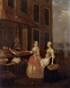 A Lady And Her Maid At A Fishmonger, The River Thames With The Monument And The City Of London Beyond by Pieter Angillis