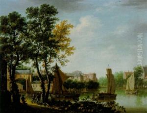 Stadt An Einem Fluss Mit Booten Und Figuren