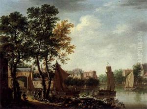 Stadt An Einem Flus Mit Booten Und Figuren by Pieter Angillis