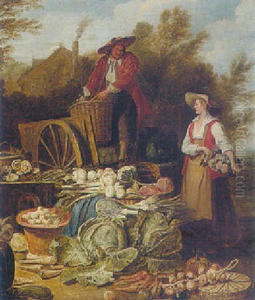 A Still Life Of Vegetables With A Vegetable Seller Offloading A Cart And A Flower Girl Standing Nearby - view 1