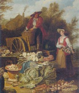 A Still Life Of Vegetables With A Vegetable Seller Offloading A Cart And A Flower Girl Standing Nearby by Pieter Angillis