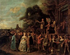 An Open-air Theatre On The Edge Of A Town With A Quack-doctor Performing To Townsfolk