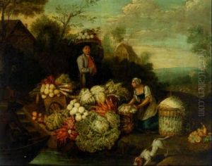 Vegetable Sellers On A River Bank, A Village Beyond