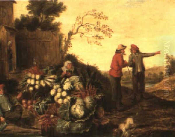 A Woman Selling Vegetables Outside A House With Two Men Conversing - view 1