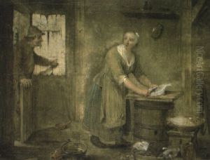 A Peasant Woman Preparing Fish In A Cottage With A Peasant Man At A Door by Pieter Angillis