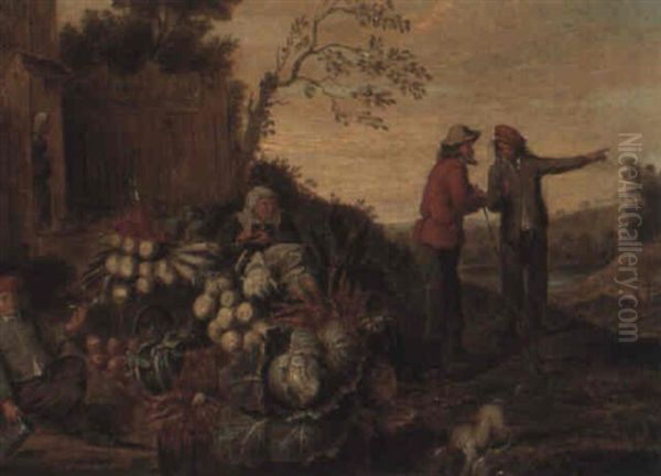 Woman Selling Vegetables Outside A House With Two Men Conversing - view 1