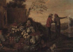 Woman Selling Vegetables Outside A House With Two Men Conversing by Pieter Angillis