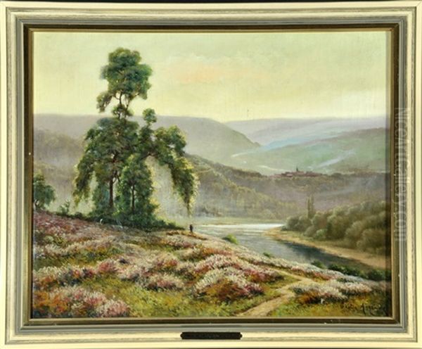 Heidelandschaft Am Fluss Mit Schafherde - view 1