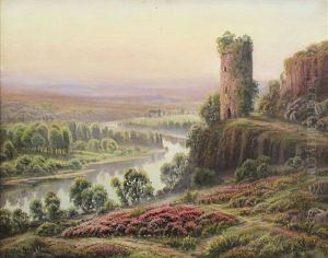 Panoramic French Creuse River Valley View With Winding River And Castle Ruins