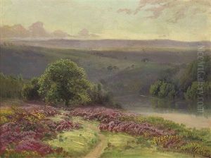 A River Running Through A Valley At Dusk A River Running Through A Valley At Dusk