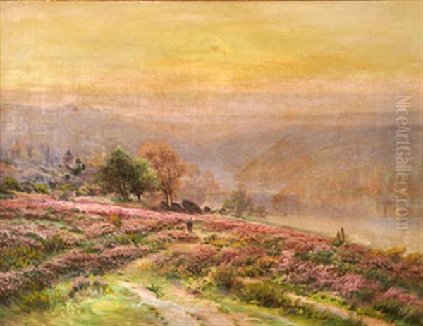 Personnage Dans La Lande, Paysage Vallonne Dominant La Riviere - view 1