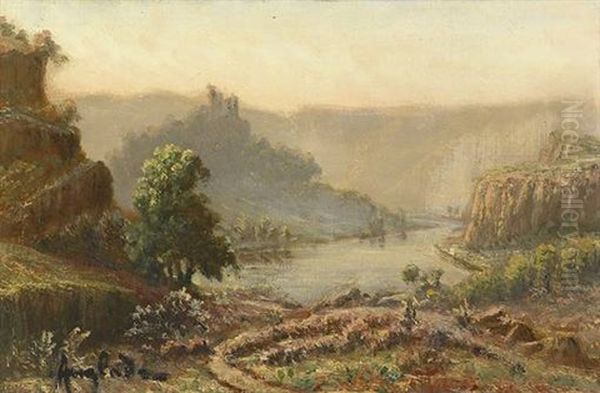 Flusslandschaft Mit Burghugel An Einem Dunstigen Morgen - view 1