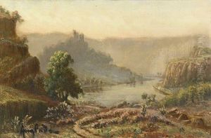 Flusslandschaft Mit Burghugel An Einem Dunstigen Morgen Flusslandschaft Mit Burghugel An Einem Dunstigen Morgen
