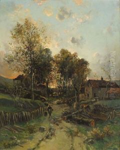 Landschaft Mit Hausergruppe Und Figurenstaffage Landschaft Mit Hausergruppe Und Figurenstaffage