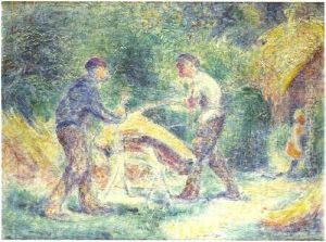 Scieurs Et Fillette Pres D'une Maison