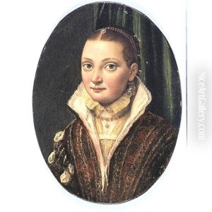 Portrait Of Sofonisba Anguissola, Wearing A Red Doublet Over A Cream Shirt, With Blue Pearl-drop Earings by Lucia Anguissola