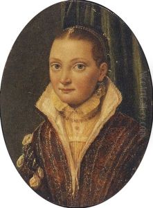 Portrait Of Sofonisba Anguissola Wearing A Red Doublet Over A Cream Shirt, With Blue Pearl-drop Earrings by Lucia Anguissola