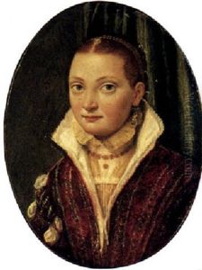 Portrait Of Sofonisba Anguissola, Half Length, Wearing A Red Doublet Over A Cream Shirt, With Blue Pearl Drop Earrings