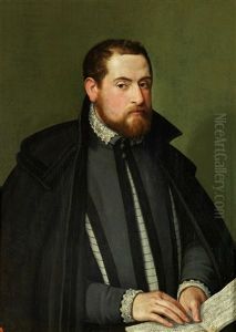 Portrait Of Sofonisba Anguissola, Half Length, Wearing A Red Doublet Over A Cream Shirt, With Blue Pearl Drop Earrings by Sofonisba Anguissola