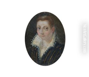 Portrait Of A Lady, In Black Costume, With A White Lace-trimmed Collar And A Pearl Necklace